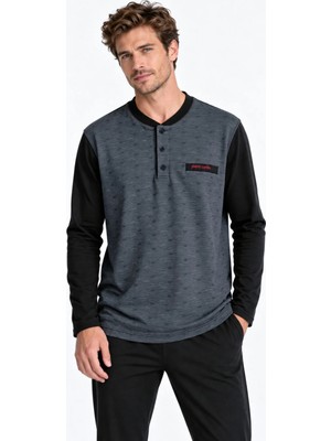 Pierre Cardin 6142 Erkek Düğmeli Yaka Kontrast Kollu Dokulu Pijama Takımı - Siyah