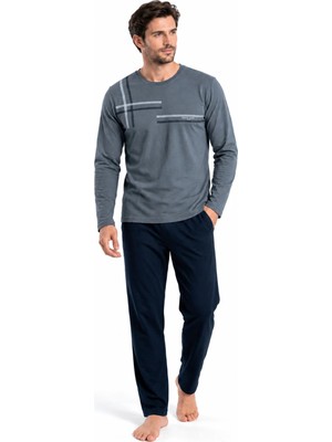 Pierre Cardin 6152 Erkek Geometrik Çizgi Detaylı Uzun Kollu Pijama Takımı - Koyu Gri