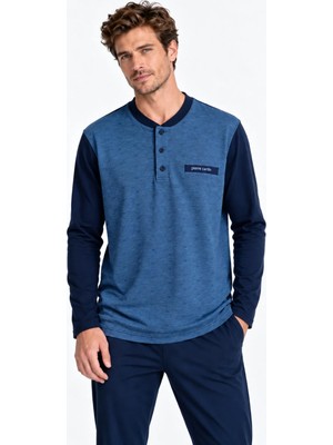Pierre Cardin 6142 Erkek Düğmeli Yaka Kontrast Kollu Dokulu Pijama Takımı - Lacivert