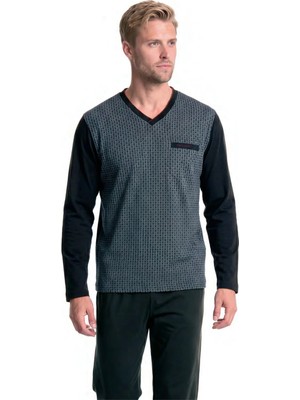 Pierre Cardin 6143 Erkek V Yaka Jakarlı Dokulu Uzun Kollu Pijama Takımı - Siyah
