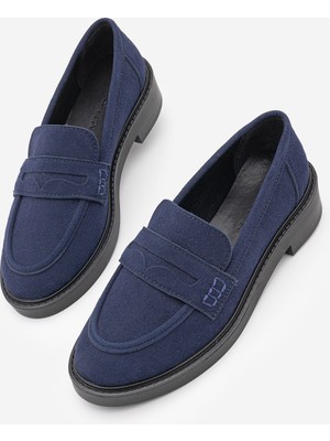Marjin Kadın Loafer Günlük Klasik Ayakkabı Casual Makosen Fonle Lacivert Süet