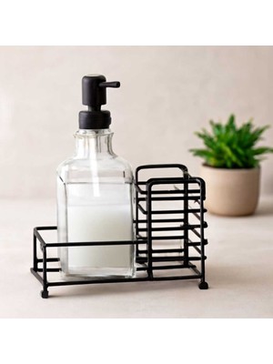 Bin1çeşit Cam Sıvı Sabunluk 500 ml Siyah Metal Stand ve Pompa