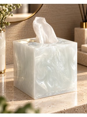 Omg Lal Kare Mendil Kutusu, Tezgah Üstü, Reçine, 13,4cm × h14,3cm Beyaz