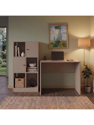 Bimossa T5330 Betty Çalışma Odası Takımı Kumtaşı, 2 Kapaklı 4 Açık Bölmeli Kitaplık ve 90 cm Çalışma Masası
