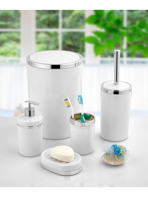 Imera Akrilik Yapım Gümüş Çizgi Banyo Takımı 5'li Yuvarlak Banyo Seti Beyaz