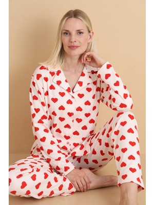 Wordex Mirano 9800 Şardonlu Soft Kışlık Düğmeli Kalp Desenli Kadın Pijama Takım