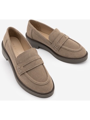 Marjin Kadın Loafer Günlük Klasik Ayakkabı Casual Makosen Fonle Koyu Vizon Süet
