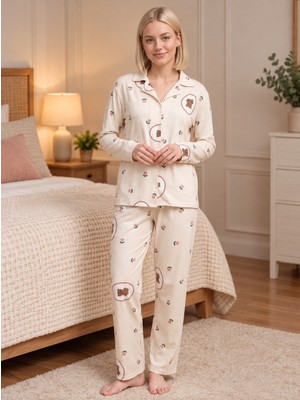Wordex Mirano 9828 Şardonlu Soft Kışlık Düğmeli Çiçekli Ayıcıklı Kadın Pijama Takımı