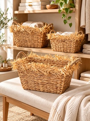 Bahçem Dekoratif Püskül Detaylı Water Hyacinth / Su Sümbülü Sepet 3'lü Takım Set