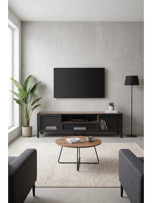Dekopratik Carina Tv Sehpası - Metal Gövdeli, Metal File Kapaklı ve Çekmeceli Ahşap Raflı Dekoratif Konsol - 180 cm Endüstriyel Tasarım