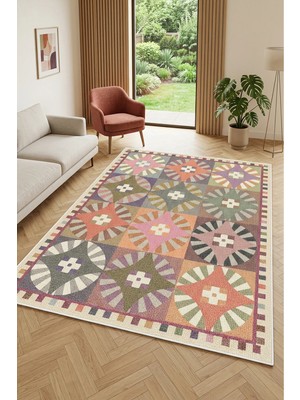 Decomia Home Vintage Etnik Renkli Kaymaz Dokuma Tabanlı Yıkanabilir Şönil Kilim Salon Halısı Çocuk Odası Mutfak Koridor