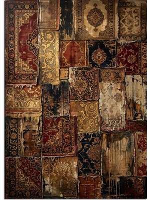 Karizma Tablo Patchwork Eskitilmiş Halı Desenleri Tablosu Dekoratif Kanvas - Mdf Ahşap Tablo
