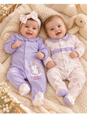 Omeca Concept Kız Bebek Unicorn Desenli 3'lü Tulum Seti – Lila ve Ekru Çıtçıtlı Patikli 2 Tulum ve Fiyonklu Bandana