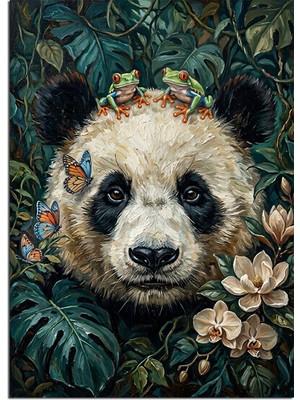 Karizma Tablo Kelebekli Çiçekli Panda Ayısı Portresi Dekoratif Kanvas - Mdf Ahşap Tablo