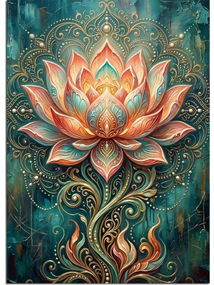 Karizma Tablo Lotus Çiçeği Mandala Teal Desen Dekoratif Kanvas - Mdf Ahşap Tablo