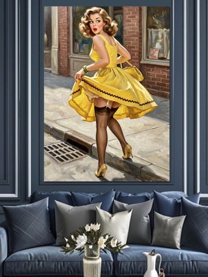 Karizma Tablo Sarı Elbiseli Sokakta Pin-Up Dekoratif Kanvas - Mdf Ahşap Tablo