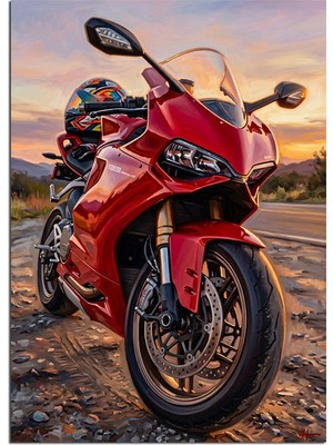 Karizma Tablo Kırmızı Spor Motosiklet Gün Batımı Dekoratif Kanvas - Mdf Ahşap Tablo