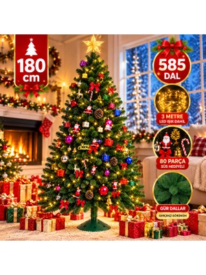 Yıldızhane 180 cm 585 Dal Yılbaşı Çam Ağacı 80 Parça Süs Hediyeli 3 Metre LED Işıklı Demir Ayaklı Yılbaşı Ağacı Seti