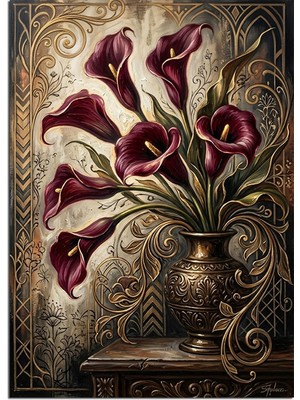 Karizma Tablo Bordo Gala Çiçeği Bronz Vazoda Dekoratif Kanvas - Mdf Ahşap Tablo
