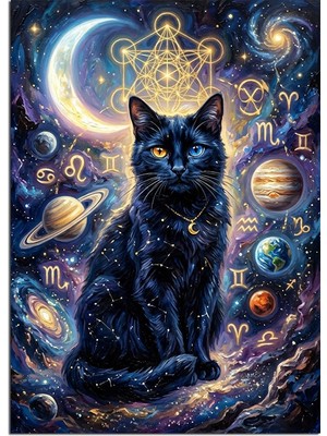 Karizma Tablo Gezegenli Burçlu Siyah Kedi Gece Dekoratif Kanvas - Mdf Ahşap Tablo