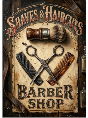 Karizma Tablo Vintage Barber Shop Makas Tıraş Dekoratif Kanvas - Mdf Ahşap Tablo