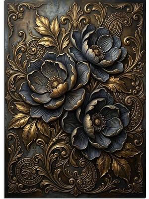Karizma Tablo Siyah Altın Kabartma Çiçek Deseni Dekoratif Kanvas - Mdf Ahşap Tablo
