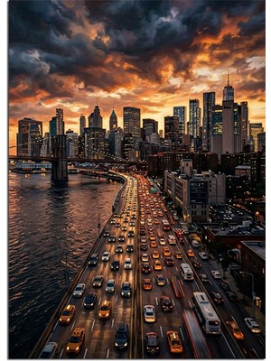 Karizma Tablo Gün Batımında New York Otoyolu Dekoratif Kanvas - Mdf Ahşap Tablo