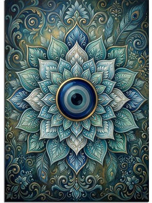 Karizma Tablo Mavi Gözlü Mandala Çiçek Deseni Dekoratif Kanvas - Mdf Ahşap Tablo