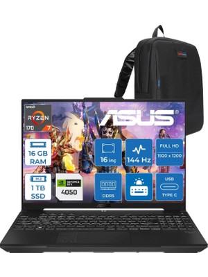 1001 Tuf Gaming A16 (FA607NUQ-GAMING) Amd Ryzen™ 7 170 16GB Ddr5 1tb SSD RTX4050/6GB 140W 16″/fhd+ 16:10 (1920 x 1200, Wuxga) 300 Nits, 144Hz, Freedos Taşınabilir Bilgisayar RL028F03+ZETTAÇANTA