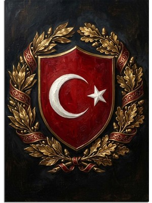 Karizma Tablo Altın Çelenkli Türk Bayrağı Kalkanı Dekoratif Kanvas - Mdf Ahşap Tablo