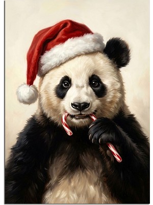 Karizma Tablo Noel Şapkalı Panda ve Baston Şekerli Dekoratif Kanvas - Mdf Ahşap Tablo