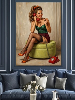 Karizma Tablo Telefonlu Pin-Up Kız Yeşil Mayolu Dekoratif Kanvas - Mdf Ahşap Tablo