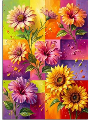 Karizma Tablo Renkli Kareli Hibiskus Ayçiçeği Tablosu Dekoratif Kanvas - Mdf Ahşap Tablo