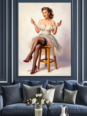 Karizma Tablo Sandalyede Oturan Beyaz Elbiseli Pin-Up Dekoratif Kanvas - Mdf Ahşap Tablo