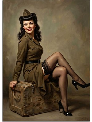 Karizma Tablo Sandık Üzerinde Askeri Pin-Up Kız Dekoratif Kanvas - Mdf Ahşap Tablo