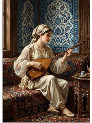 Karizma Tablo Bağlama Çalan Kadın ve Çini Duvar Dekoratif Kanvas - Mdf Ahşap Tablo
