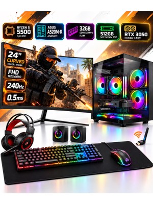 Apphirex Ganker X67 Ryzen 5 5500 32GB Ram 512GB M.2 RTX3050 24'' 240Hz Curved Hazır Sistem Oyun Bilgisayarı