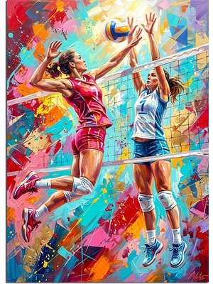 Karizma Tablo Renkli Voleybol Oynayan Iki Kadın Dekoratif Kanvas - Mdf Ahşap Tablo