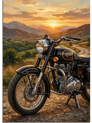 Karizma Tablo Gün Batımında Motosiklet ve Dağ Yolu Dekoratif Kanvas - Mdf Ahşap Tablo