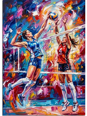 Karizma Tablo Renkli Voleybol Oynayan Iki Kadın Dekoratif Kanvas - Mdf Ahşap Tablo