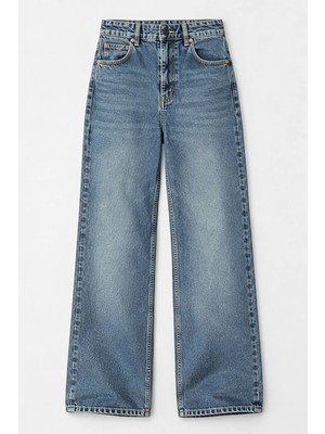 Hiccup Kadınlar H92 Düz Kesim Geniş Paça Denim Pantolon Orta Mavi Denim
