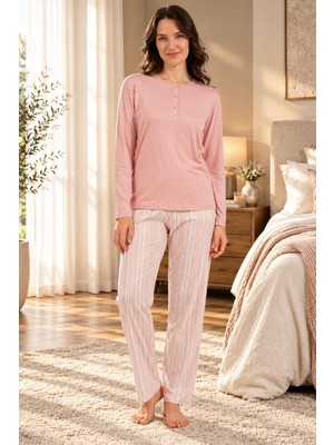 Arnetta Kadın Premium Modal Pamuklu Rahat Kalıp Pembe Uzun Kollu Pijama Takım