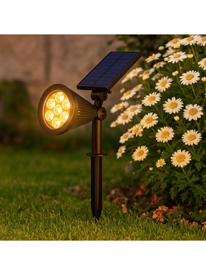 1001 7W Solar LED Bahçe Armatürü Amber Işık – Güneş Enerjili Kazıklı & Duvar Montajlı Çim Aydınlatma Lambası – 7 Led, IP65, 90 Lümen, 140X270X95 mm