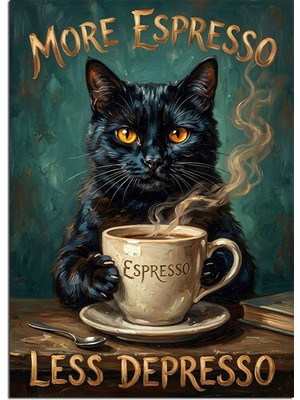 Karizma Tablo Masada Espresso Içen Siyah Kedi Dekoratif Kanvas - Mdf Ahşap Tablo