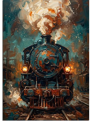 Karizma Tablo Buharlı Eski Tren Gece ve Işıklı Dekoratif Kanvas - Mdf Ahşap Tablo