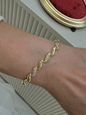 Esmeray Aksesuar Vip Çelik Gold Renk Zirkon Taşlı Tasarım Bileklik Uzunluk 16,5 Cm. Ek Klipsle 19 Cm.