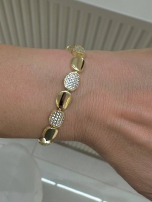 Esmeray Aksesuar Vip Çelik Gold Renk Zirkon Taşlı Tasarım Bileklik Uzunluk 16,5 Cm. Ek Klipsle 18 Cm.