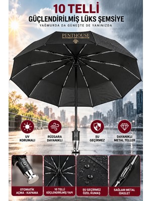 Penthouse 10 Telli Güçlendirilmiş Otomatik Şemsiye Uv Korumalı Fiberglas Rüzgara Dayanıklı Su Geçirmez