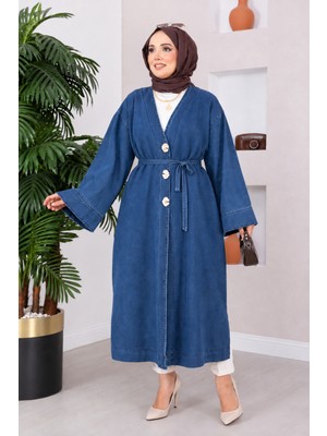 Md Broş Düğme Detaylı Kot Kimono Mavi