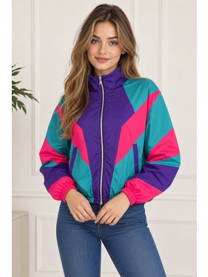 Lima Çok Renkli Kadın Mor Pembe Turkuaz Renk Bloklu Fermuarlı Dik Yaka Oversize Retro Mevsimlik Spor Ceket